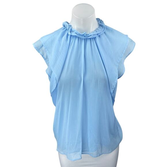 Zara Tops - Zara Women's Blue Ruffle Sleeveless High Neck Sheer Blouse Tank Top Size M